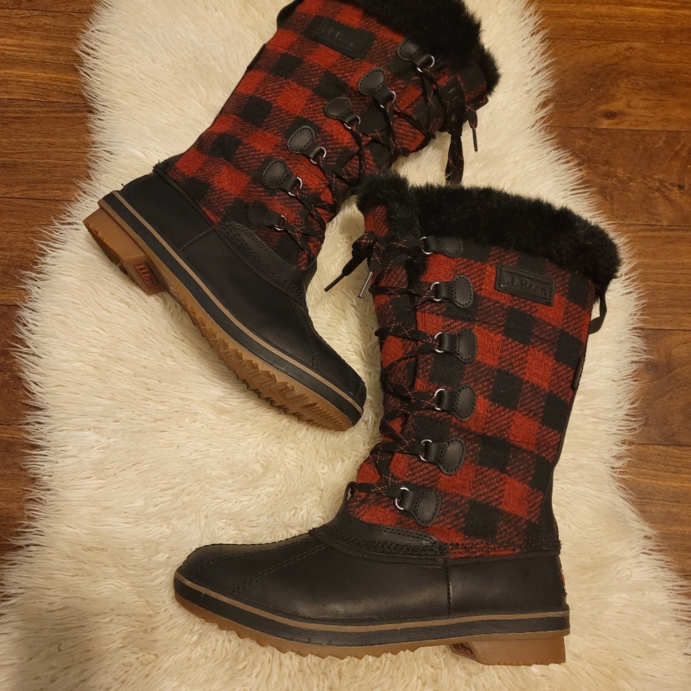 LL Bean Red and Black Buffalo Print Boots Waterpro